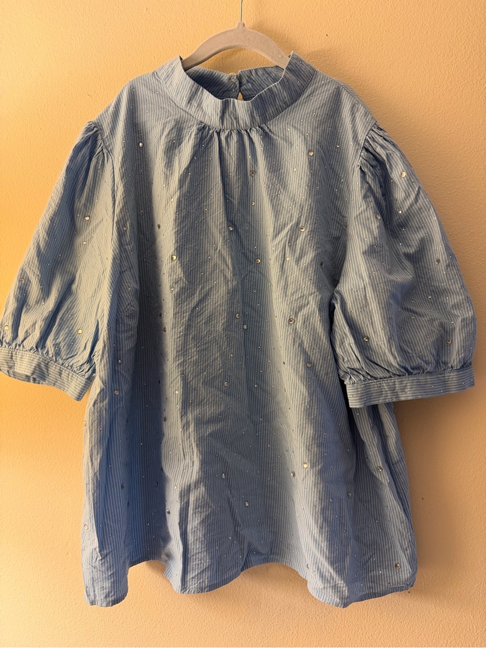 LOFT Blue Pinstriped Puff Sleeve Top with Sequin Dots
